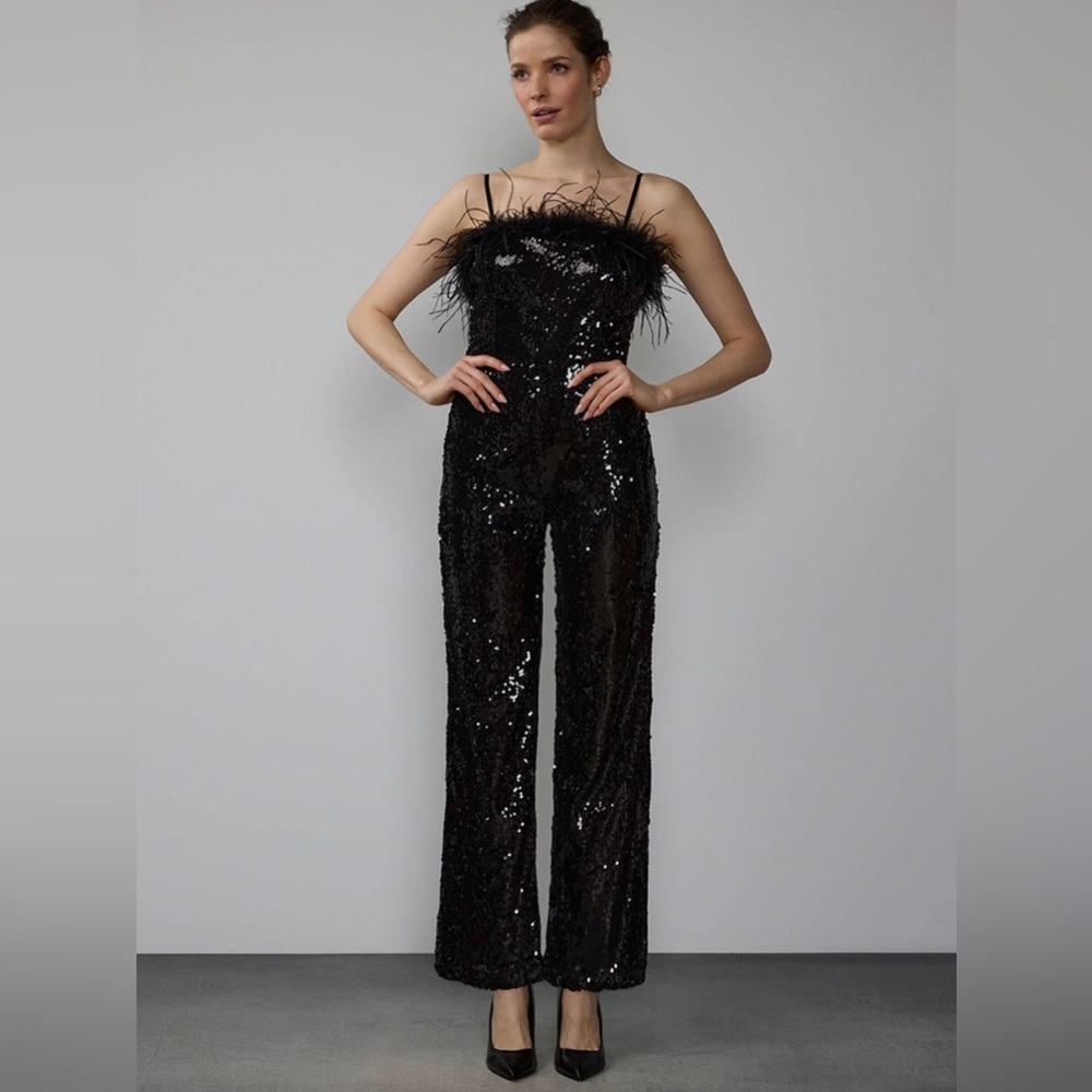 Feather Trim Sequin Jumpsuit